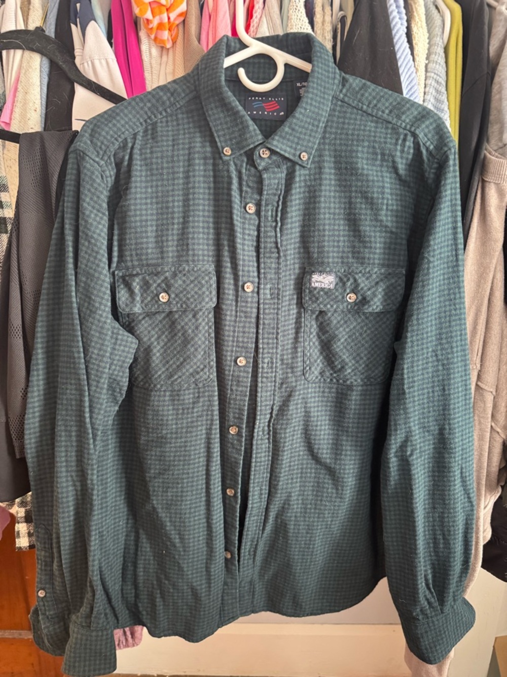 Perry Ellis Men's Green Check Button-Down Shirt